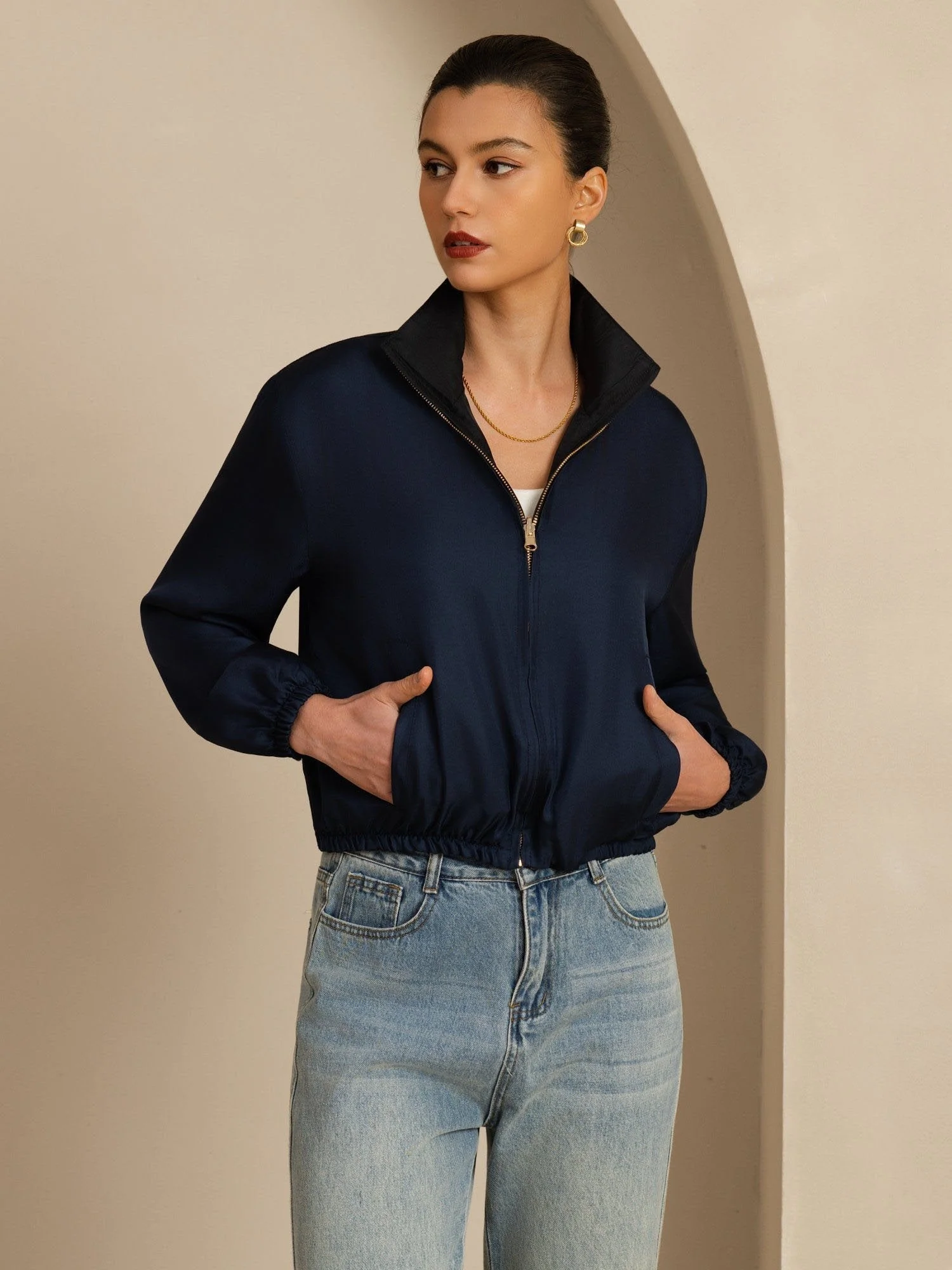 Pure Silk Women's Short Stand Collar Reversible Jacket With Pockets - Image 9