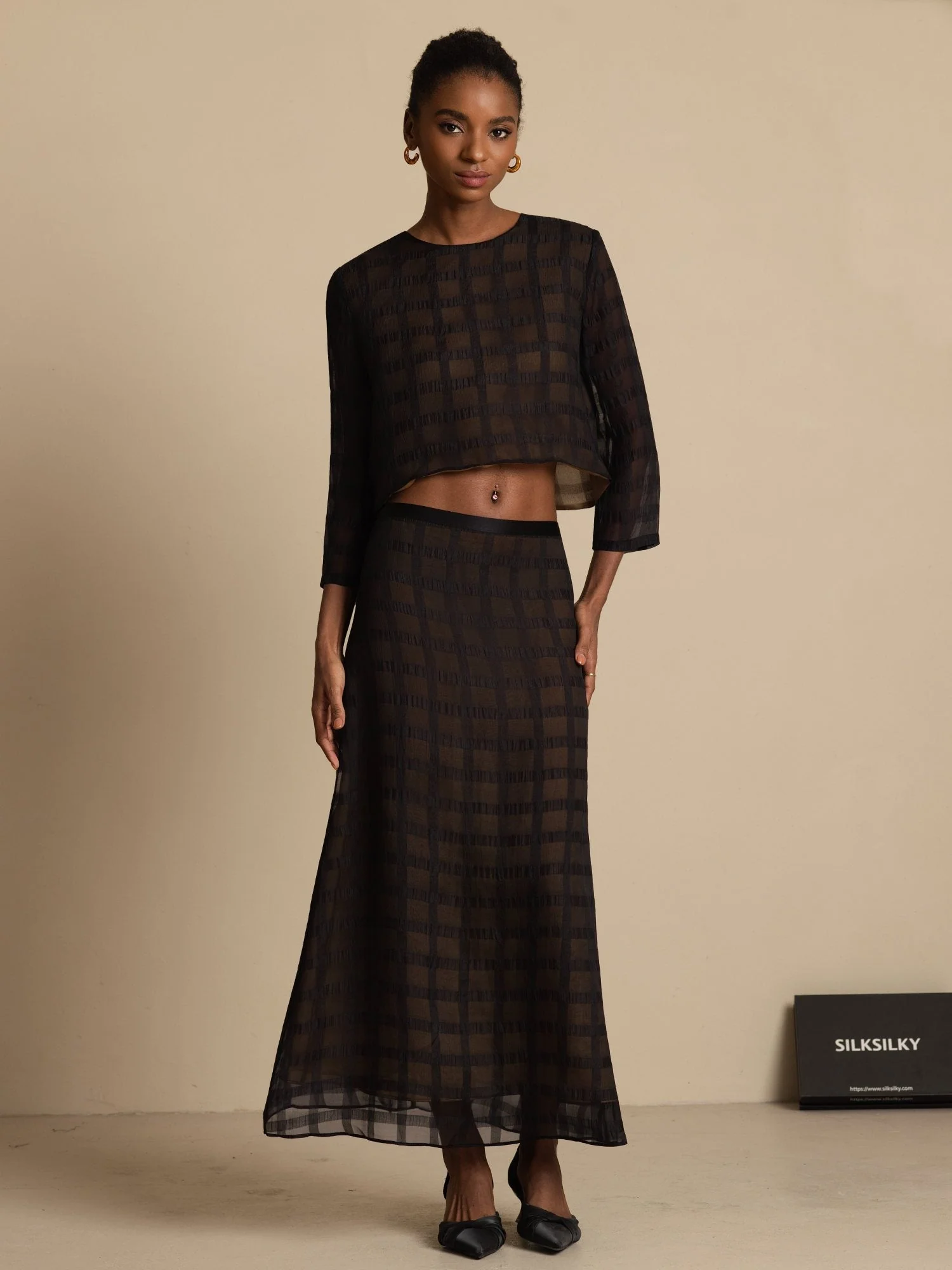 Pure Silk Women's Textured Grid Crop Blouse & A-Line Long Skirt Set