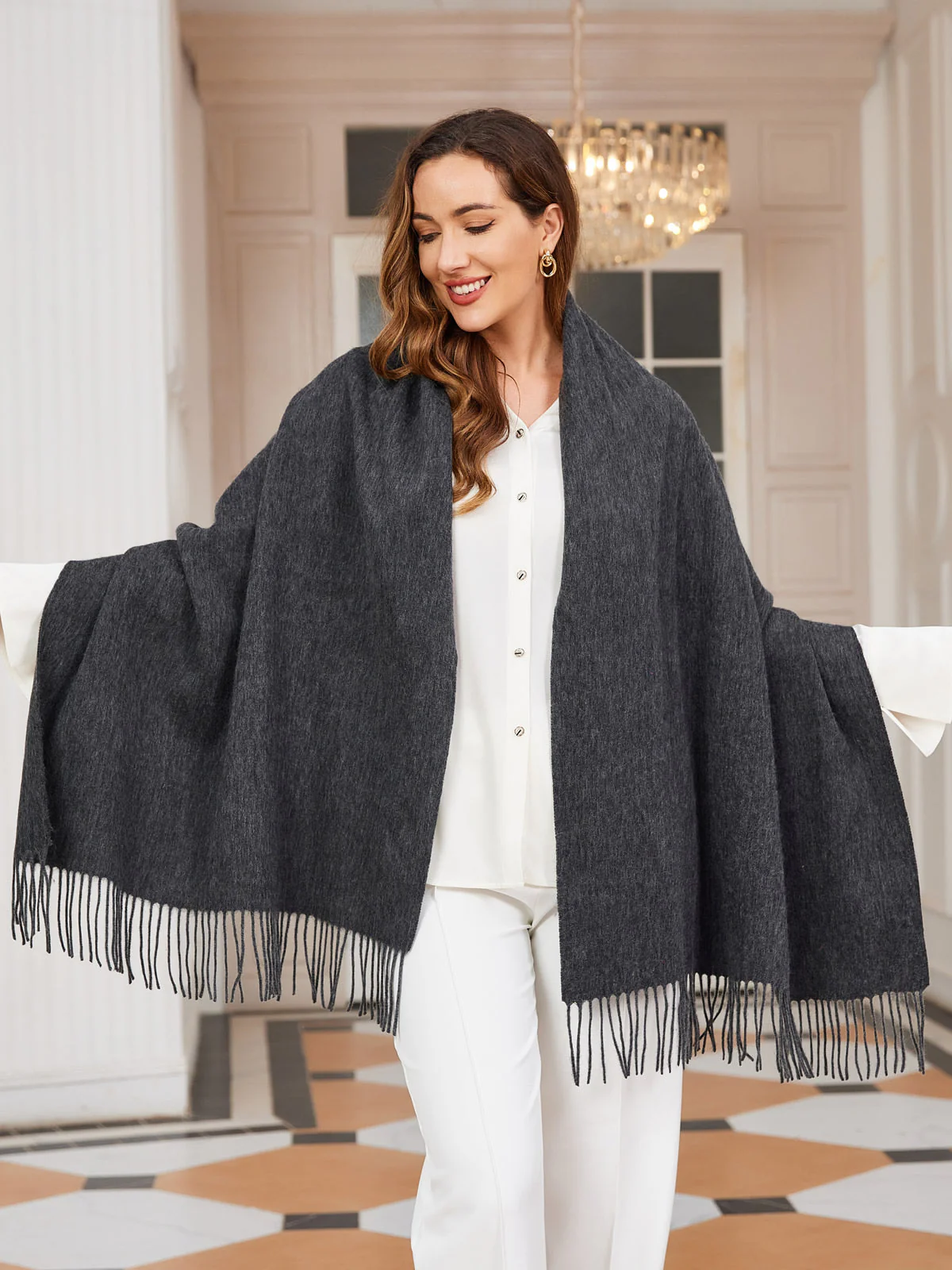 Pure Wool Scarf Shawl w/ Fringed Decoration 200x70cm/79 - Image 54