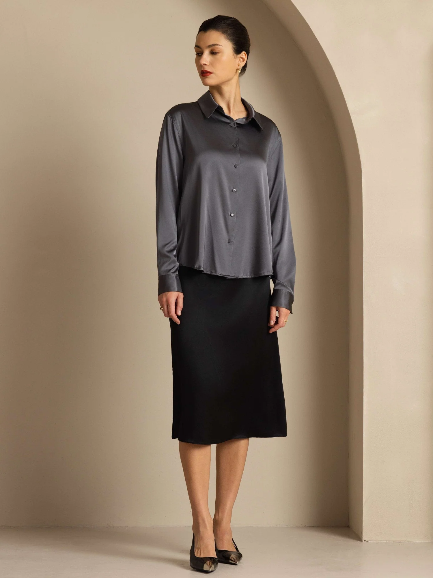 19Momme Silk Long Sleeve Lapel Collar Women's Shirt - Image 100