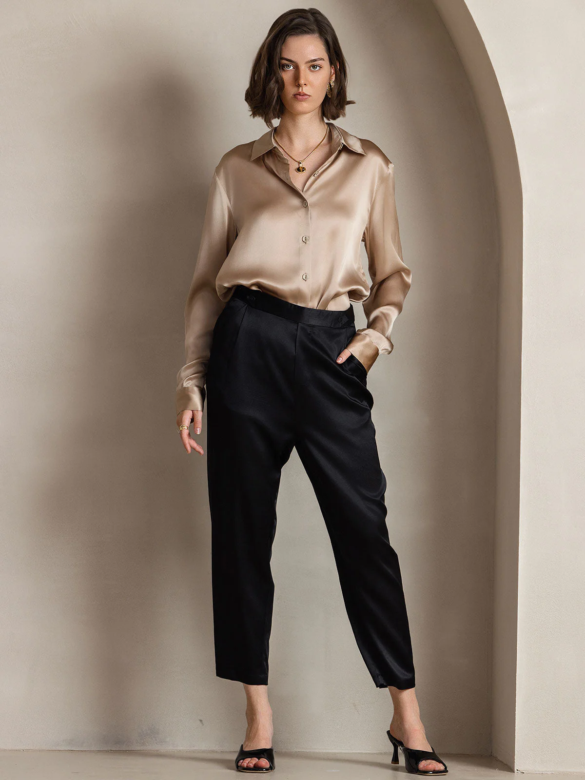 19Momme Silk Long Sleeve Lapel Collar Women's Shirt - Image 11