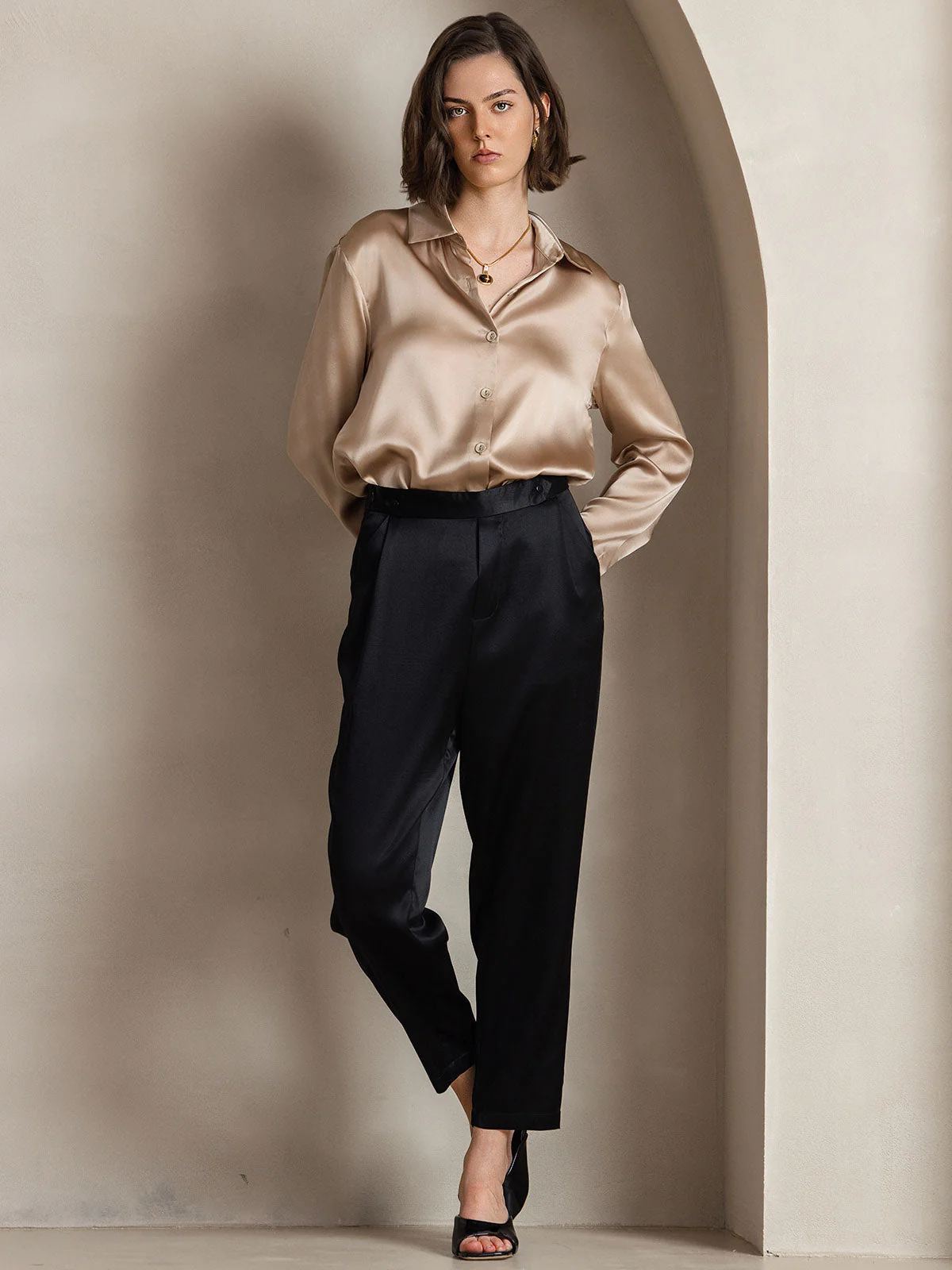 19Momme Silk Long Sleeve Lapel Collar Women's Shirt - Image 13