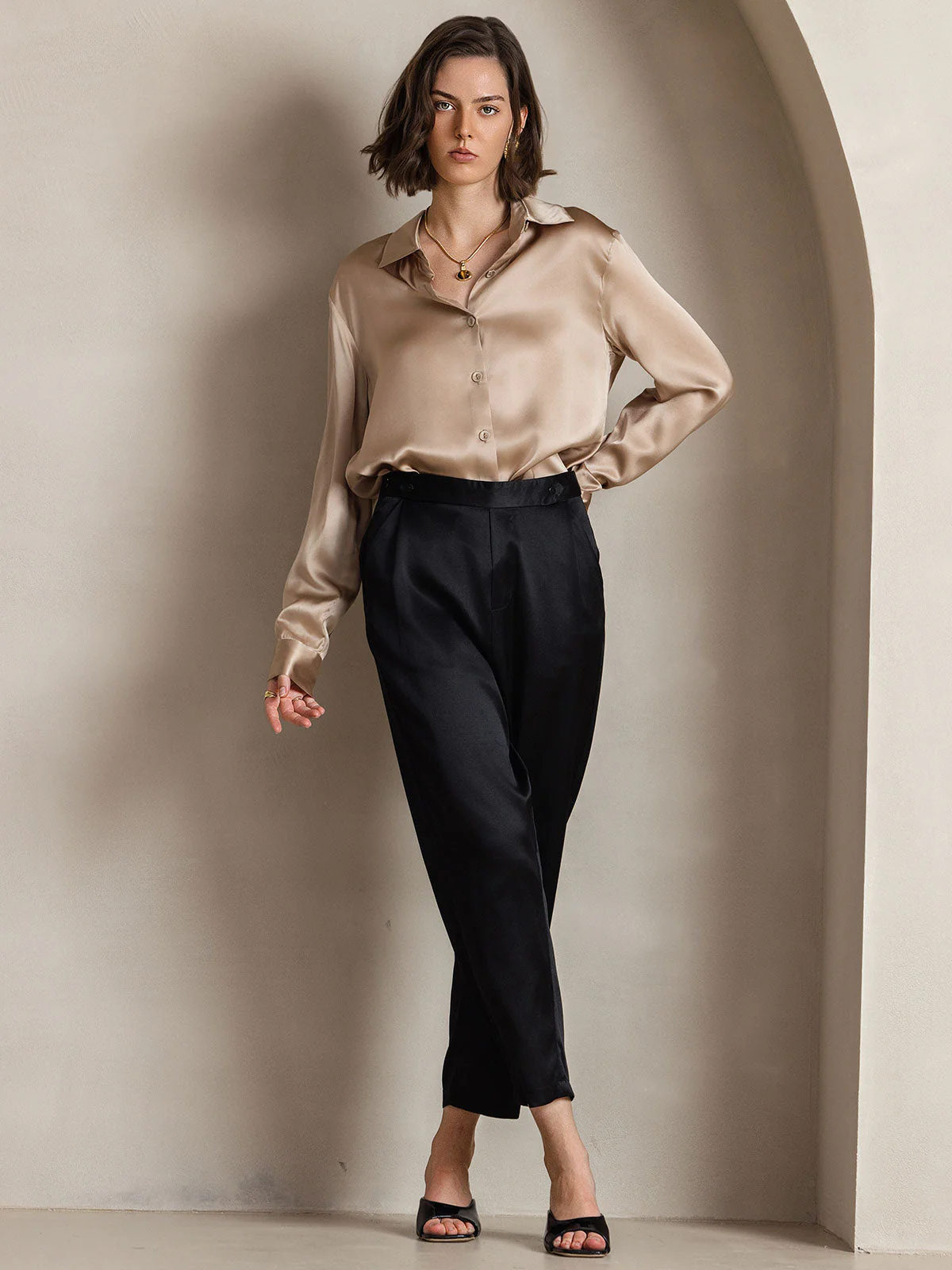 19Momme Silk Long Sleeve Lapel Collar Women's Shirt - Image 14