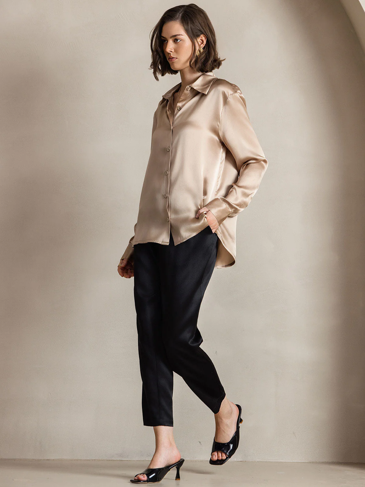 19Momme Silk Long Sleeve Lapel Collar Women's Shirt - Image 15