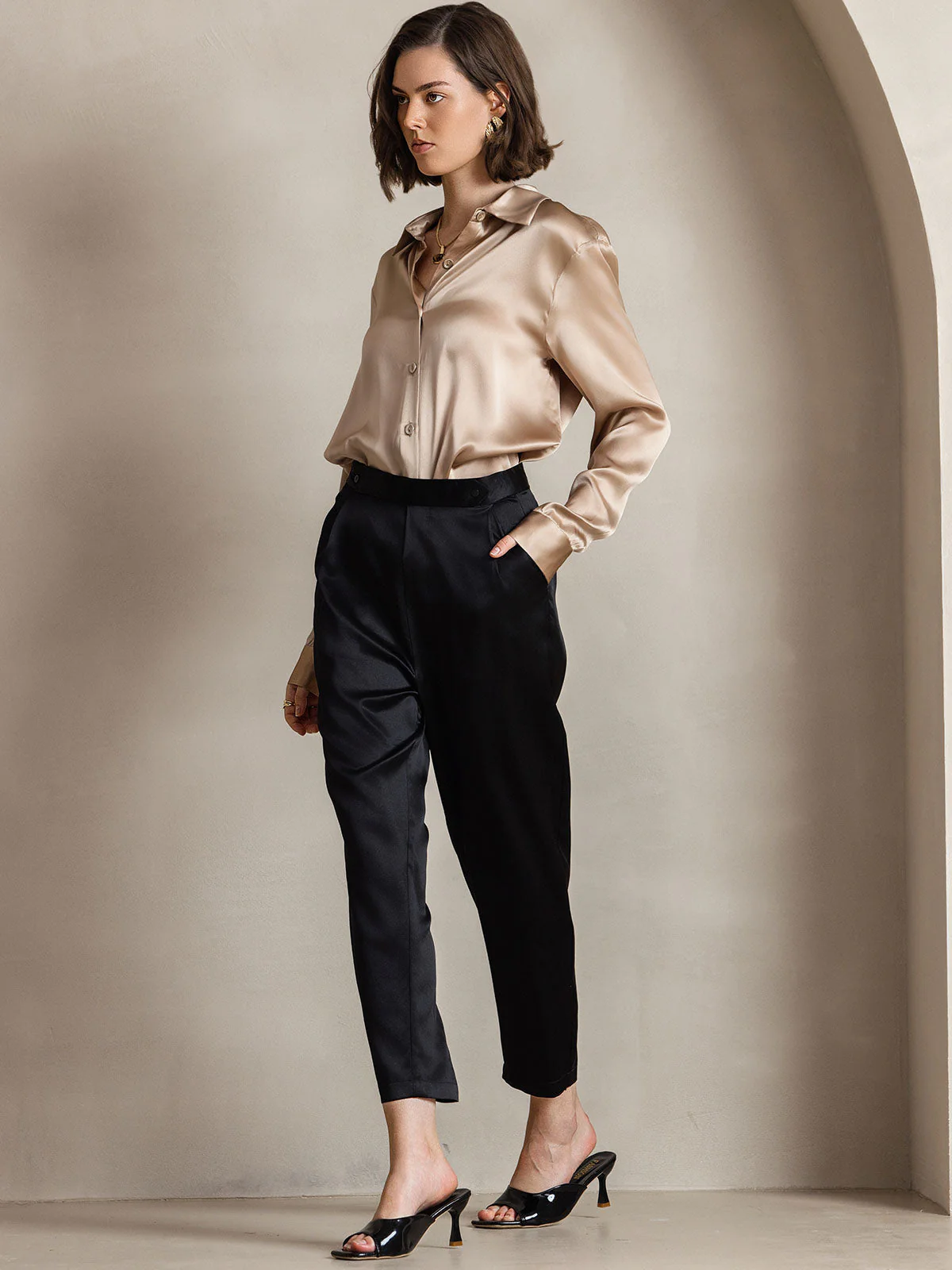 19Momme Silk Long Sleeve Lapel Collar Women's Shirt - Image 16