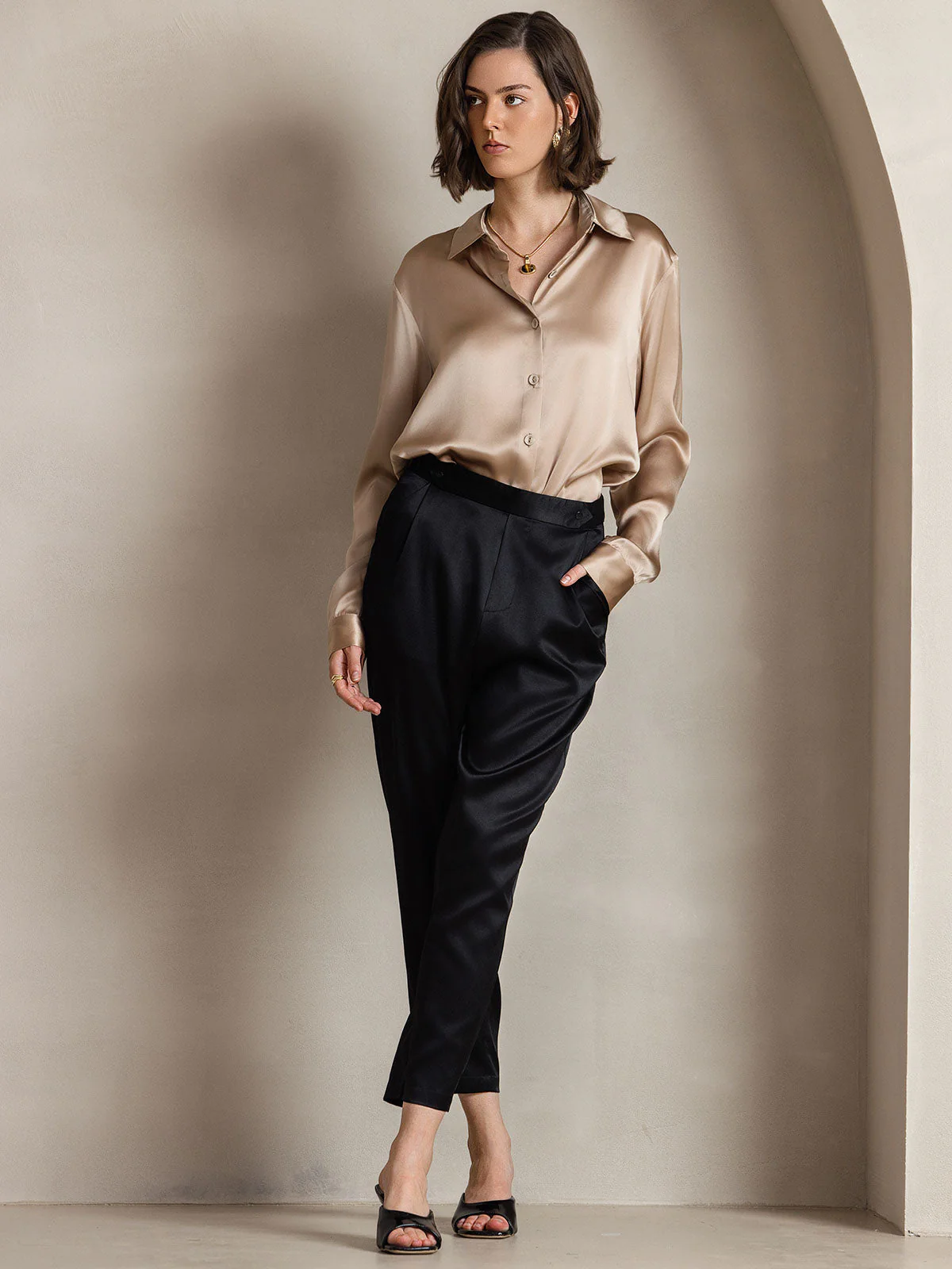 19Momme Silk Long Sleeve Lapel Collar Women's Shirt - Image 17