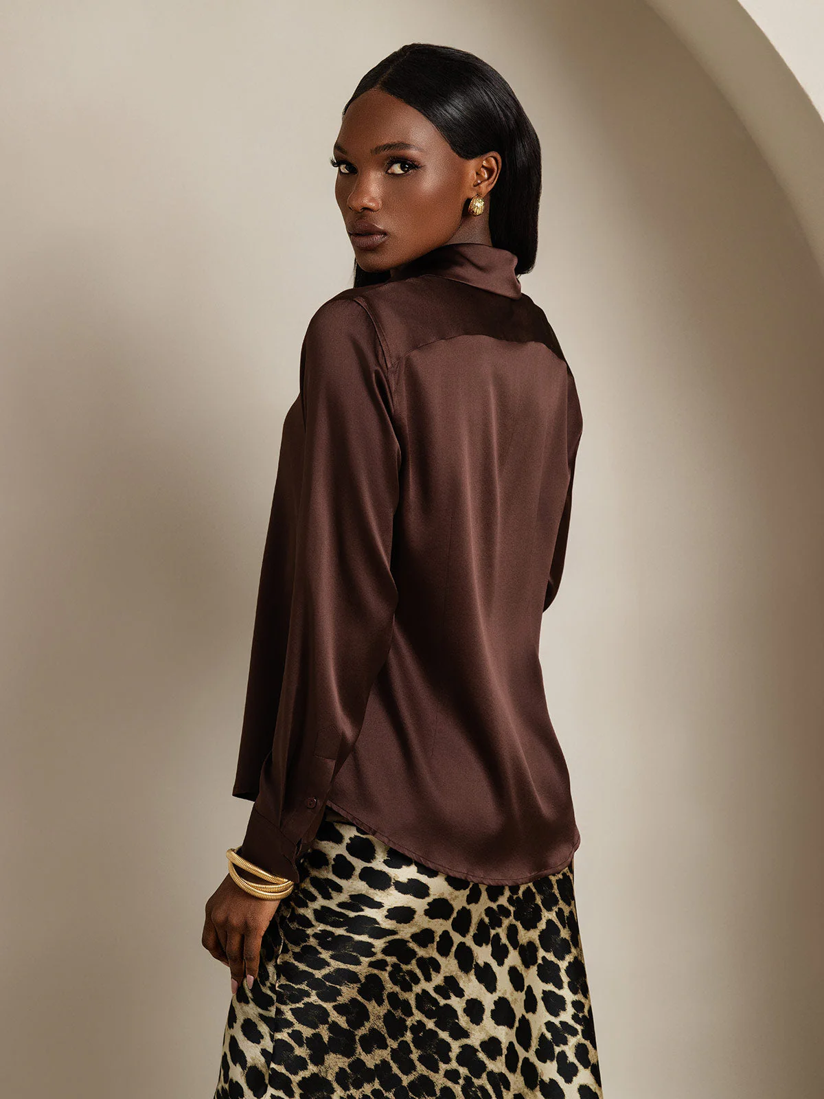 19Momme Silk Long Sleeve Lapel Collar Women's Shirt - Image 19