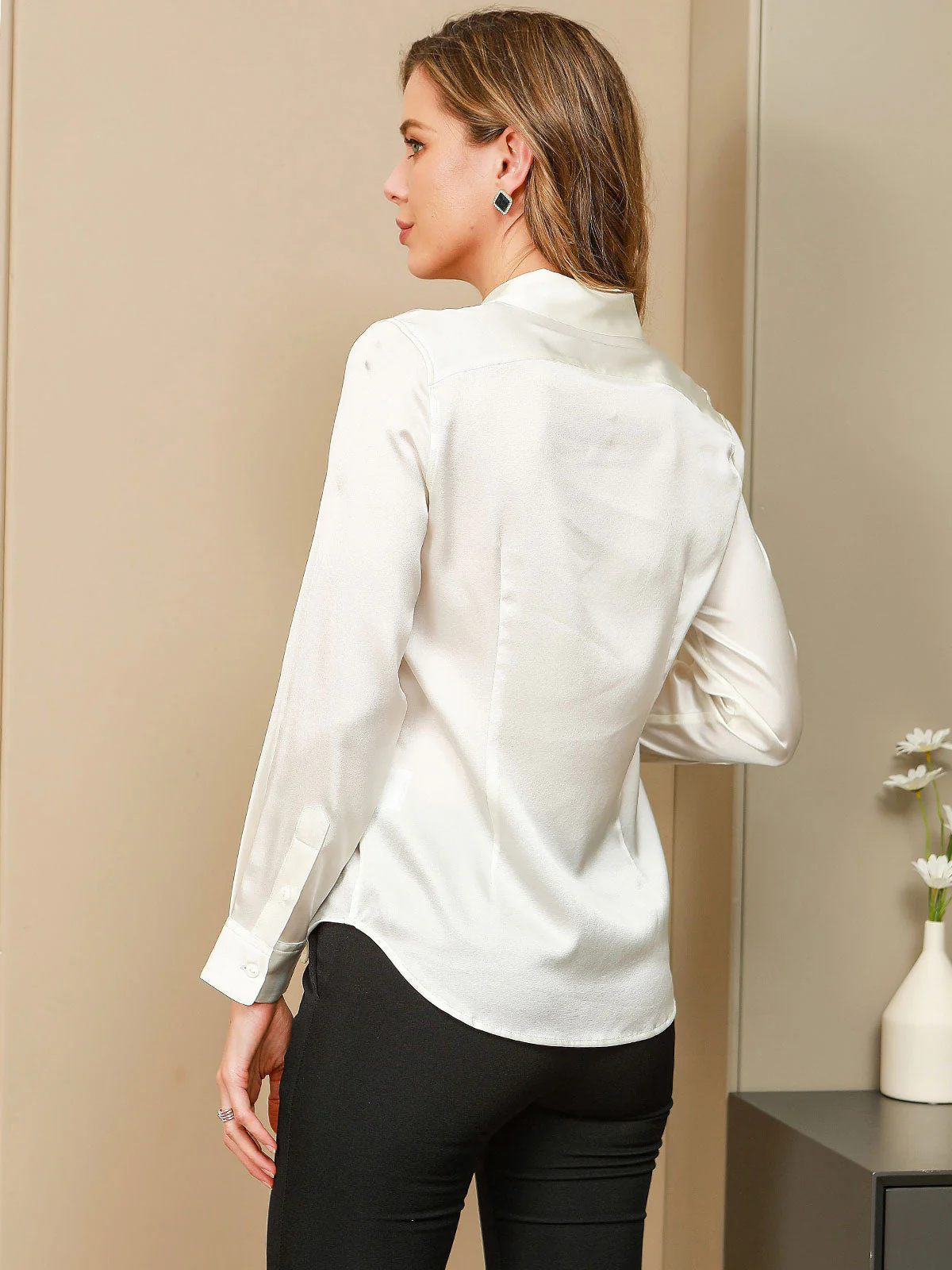 19Momme Silk Long Sleeve Lapel Collar Women's Shirt - Image 27