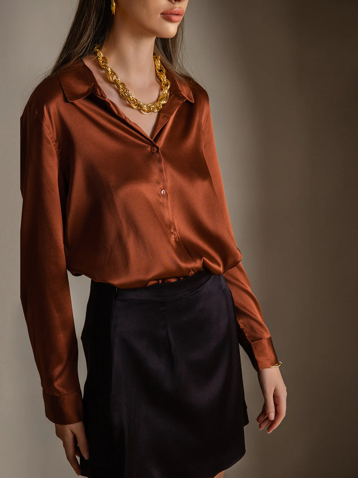19Momme Silk Long Sleeve Lapel Collar Women's Shirt - Image 44
