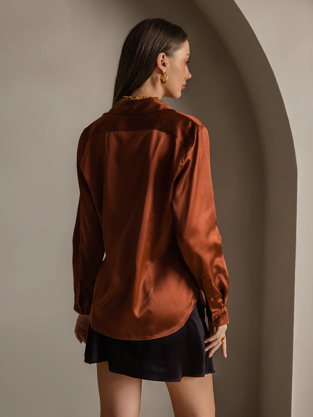 19Momme Silk Long Sleeve Lapel Collar Women's Shirt - Image 45
