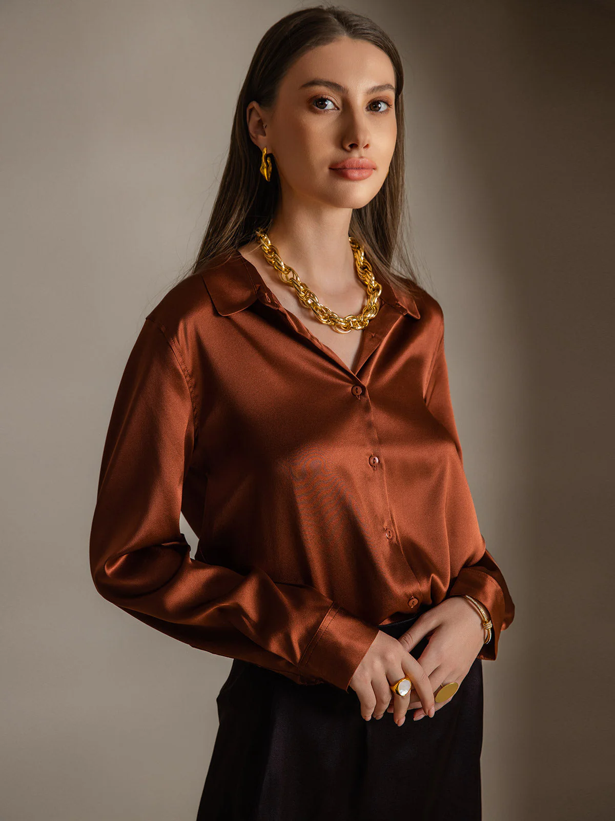 19Momme Silk Long Sleeve Lapel Collar Women's Shirt - Image 46