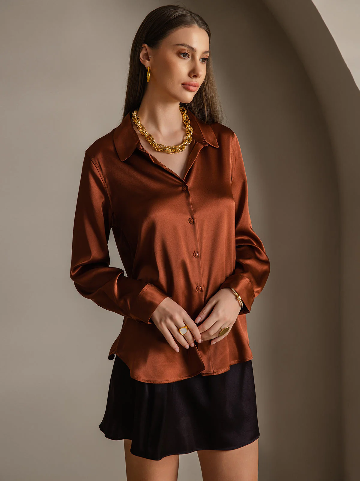 19Momme Silk Long Sleeve Lapel Collar Women's Shirt - Image 47