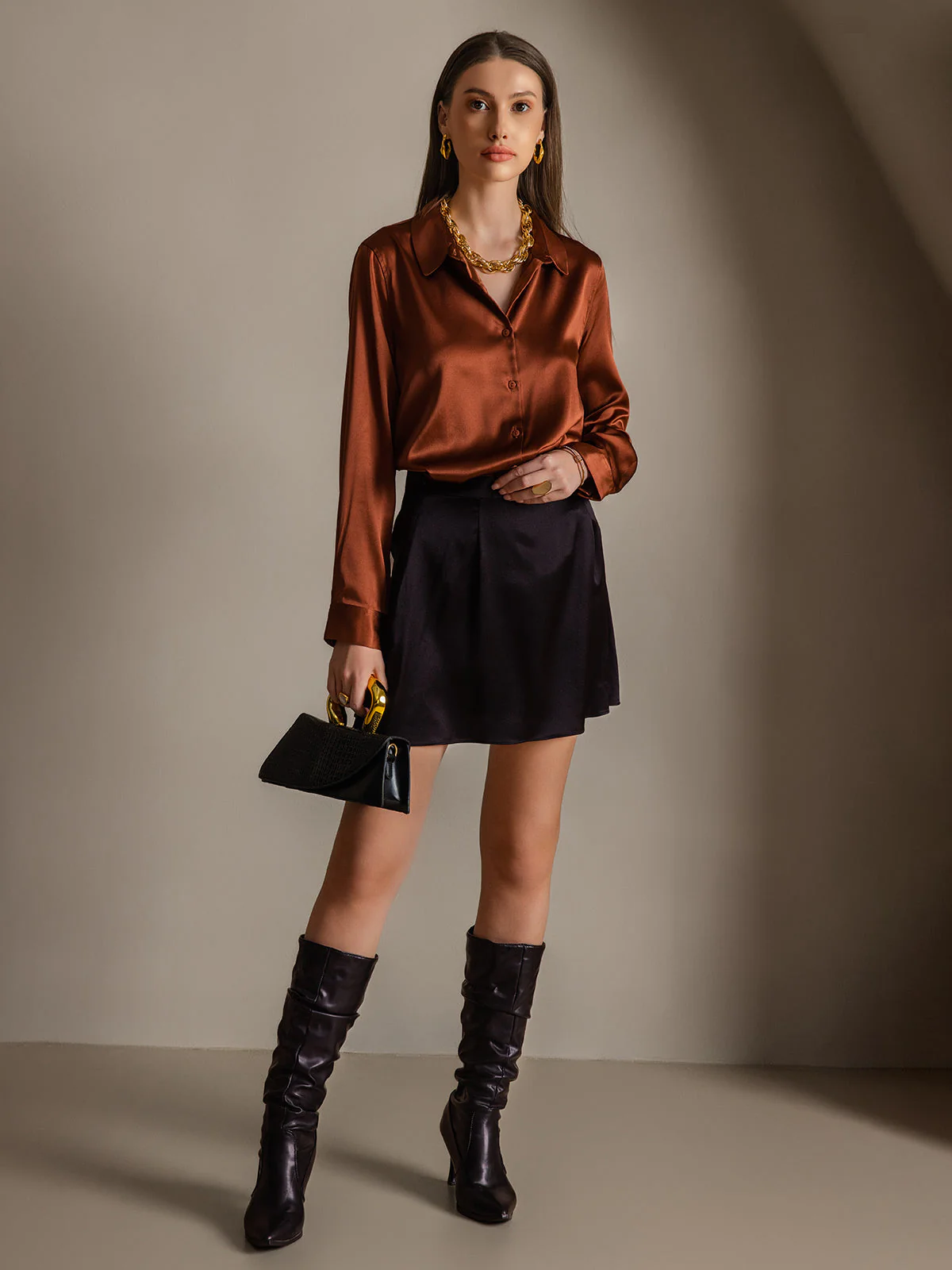 19Momme Silk Long Sleeve Lapel Collar Women's Shirt - Image 48