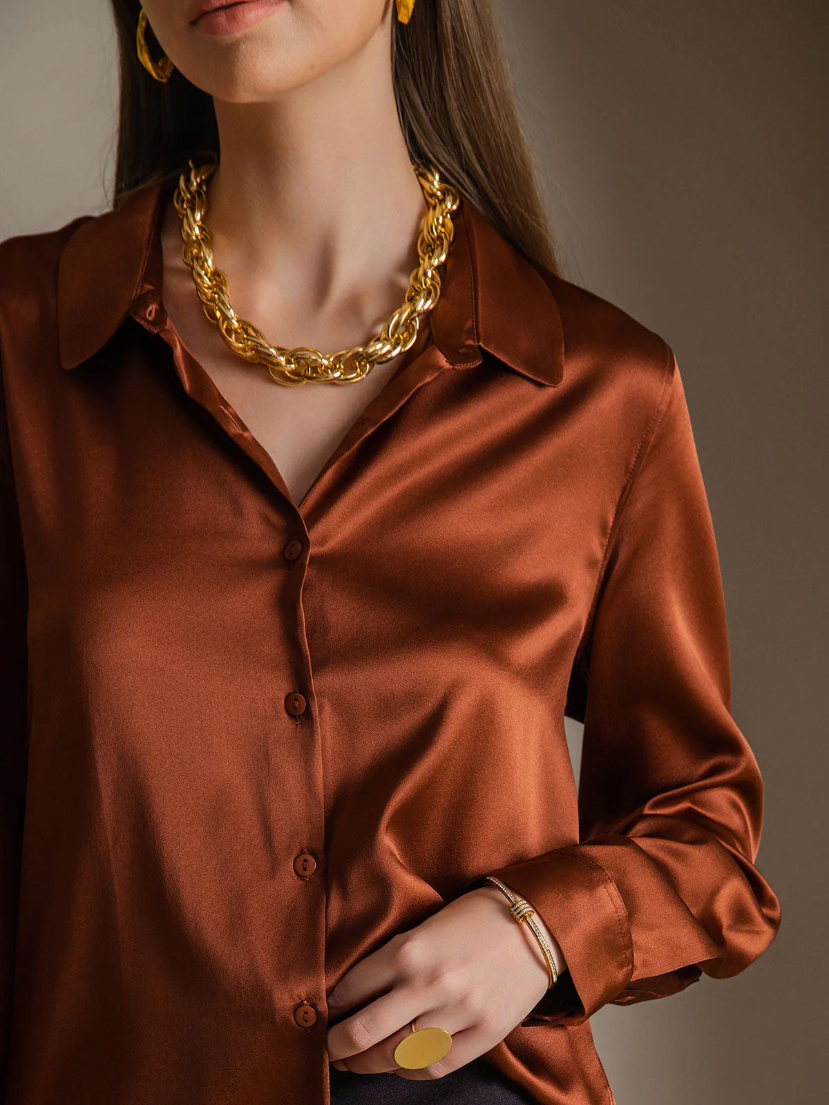 19Momme Silk Long Sleeve Lapel Collar Women's Shirt - Image 49