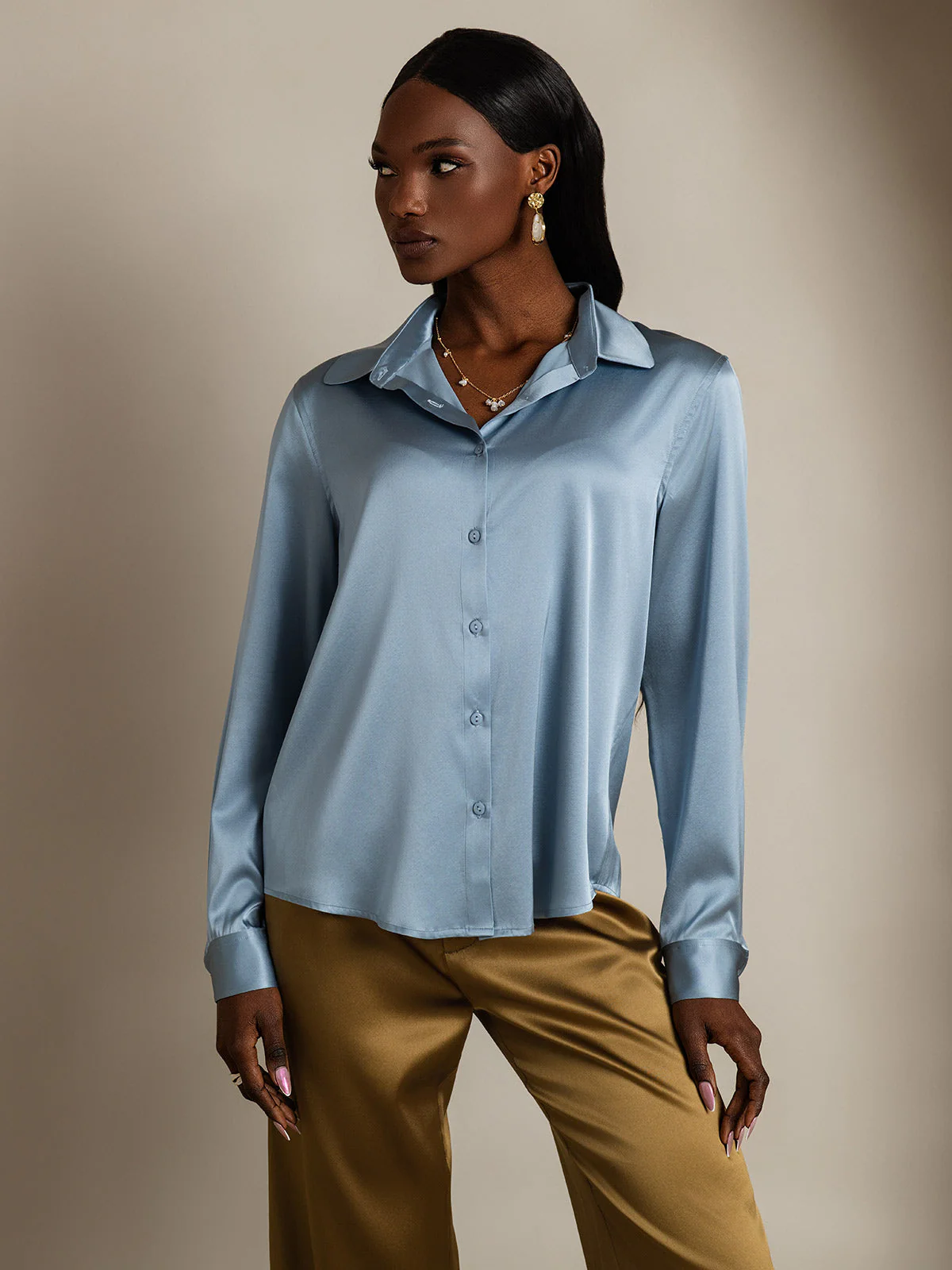 19Momme Silk Long Sleeve Lapel Collar Women's Shirt - Image 50