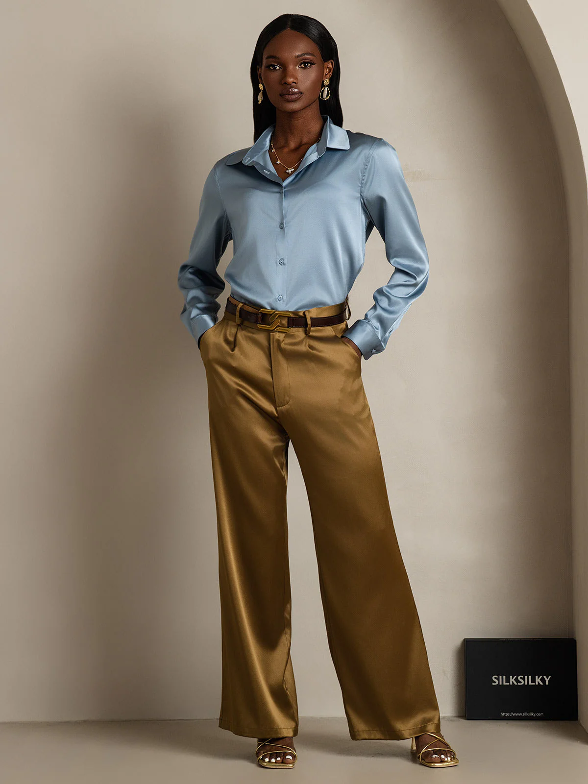 19Momme Silk Long Sleeve Lapel Collar Women's Shirt - Image 54