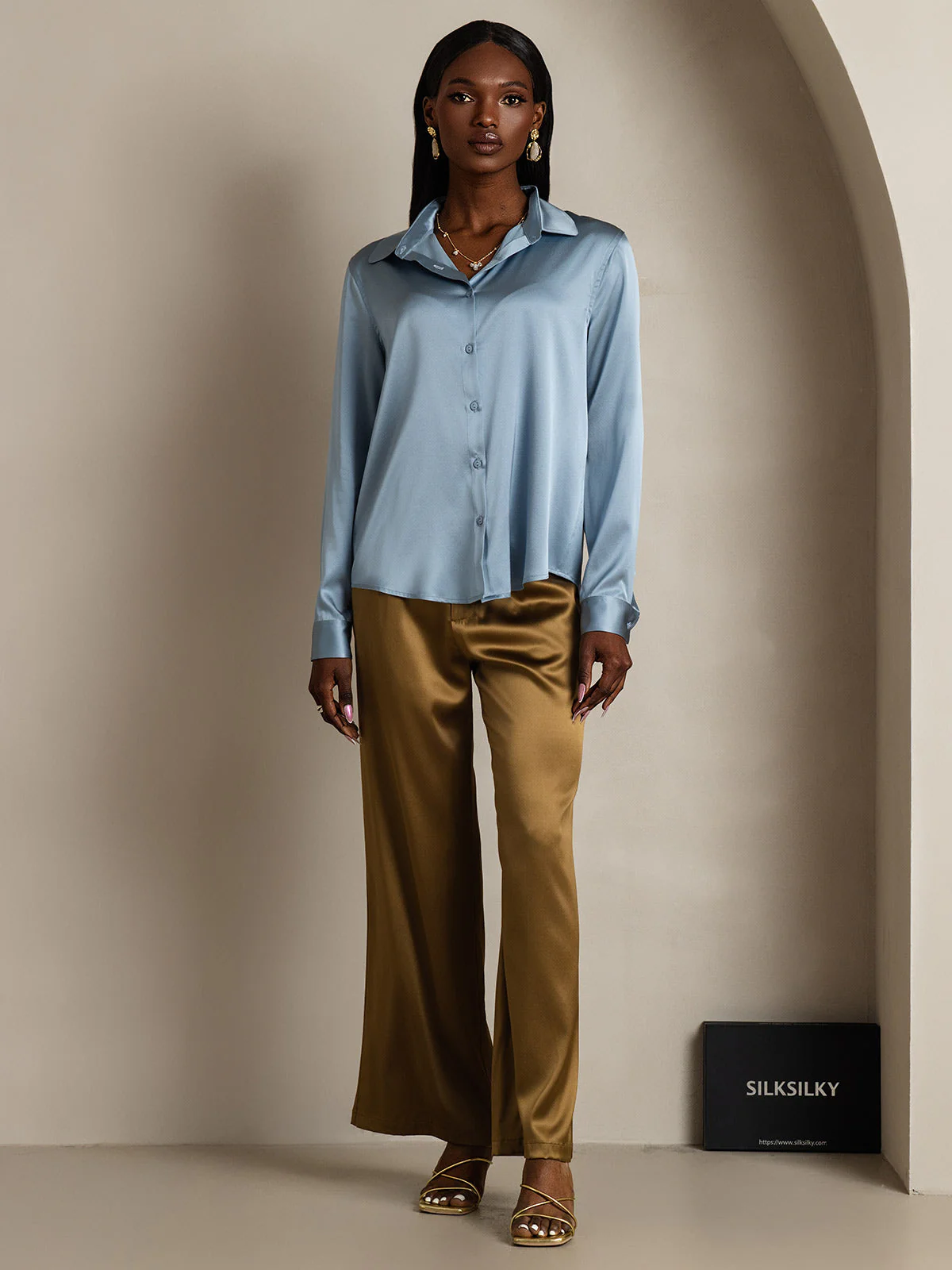 19Momme Silk Long Sleeve Lapel Collar Women's Shirt - Image 55