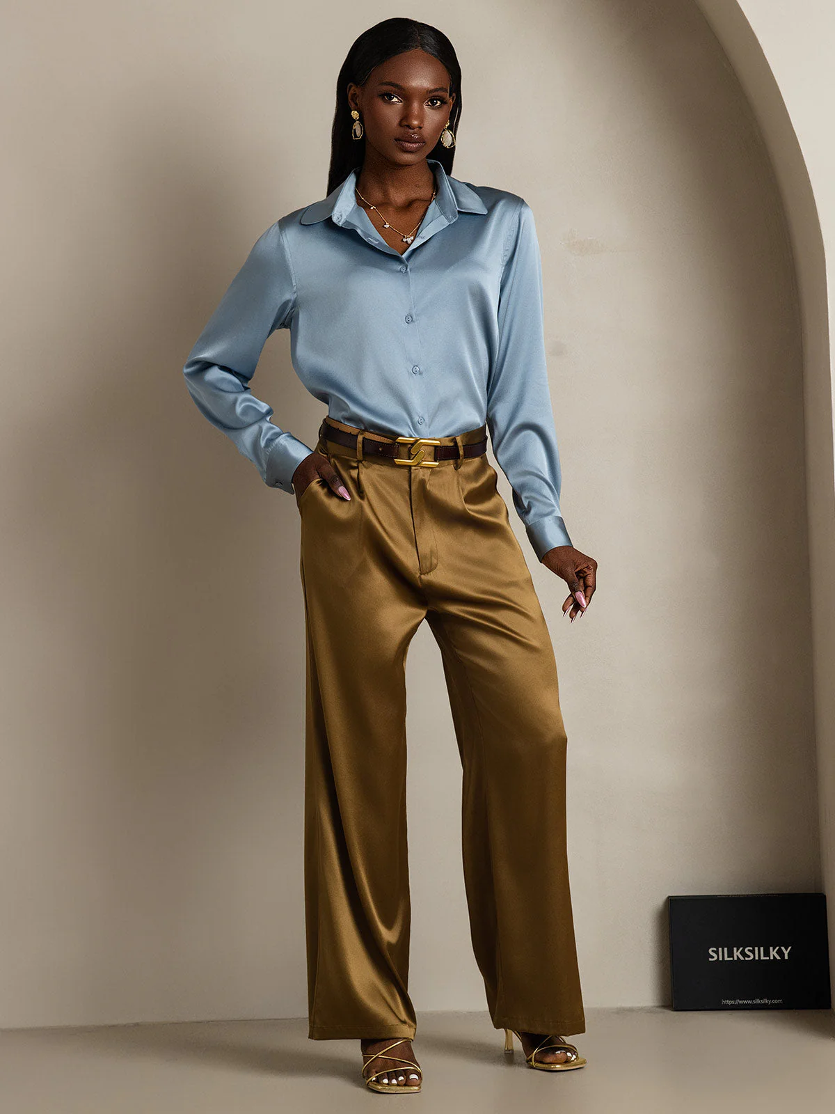 19Momme Silk Long Sleeve Lapel Collar Women's Shirt - Image 56
