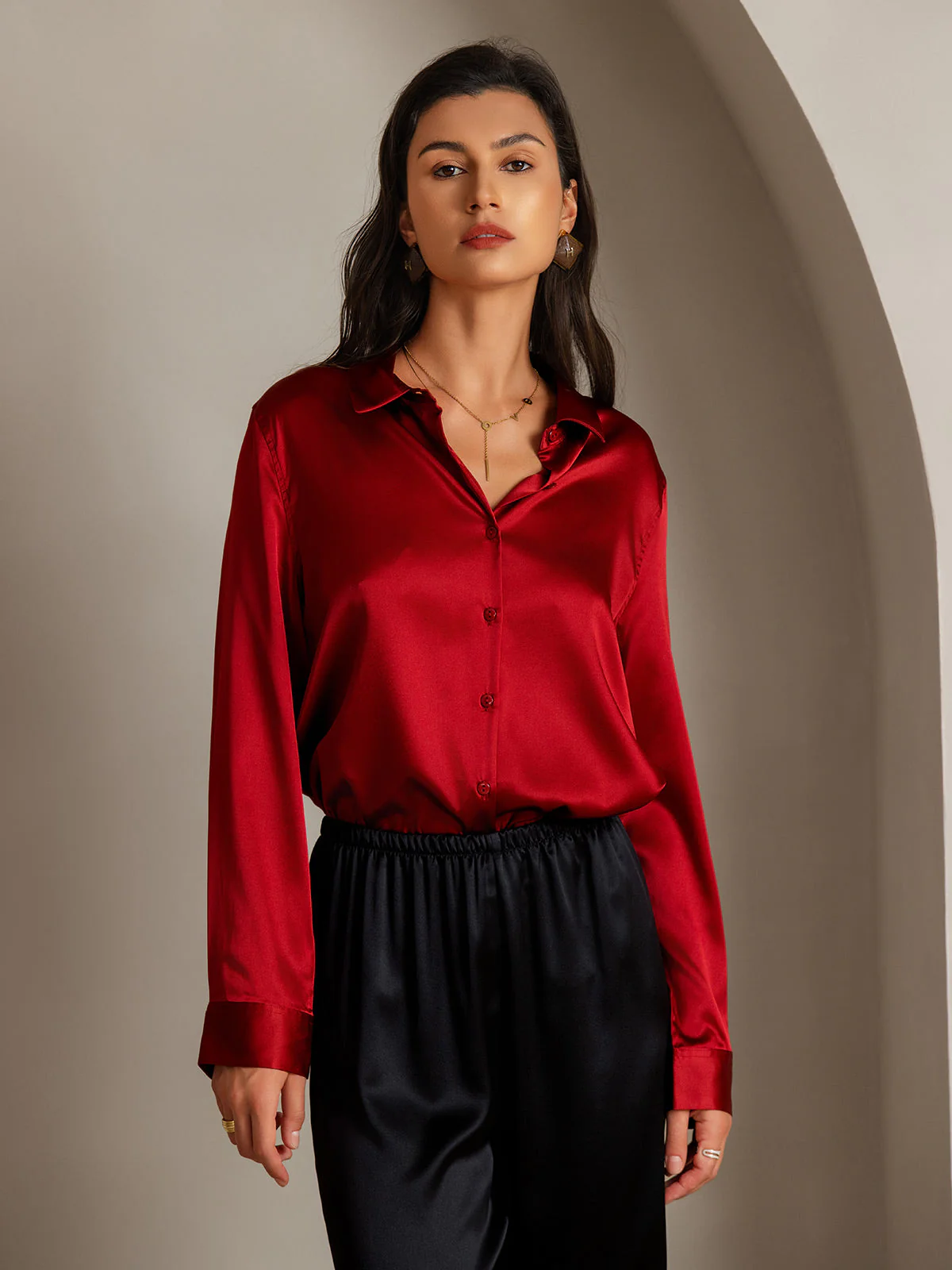 19Momme Silk Long Sleeve Lapel Collar Women's Shirt - Image 66