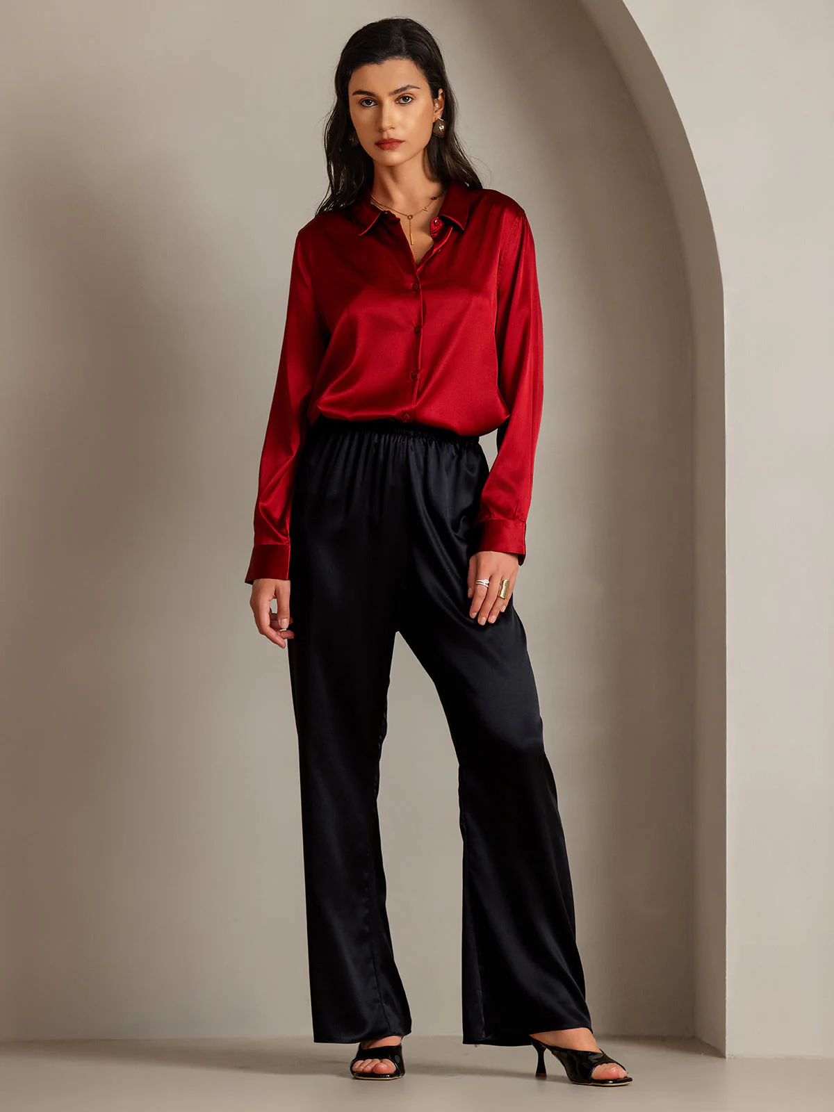 19Momme Silk Long Sleeve Lapel Collar Women's Shirt - Image 68