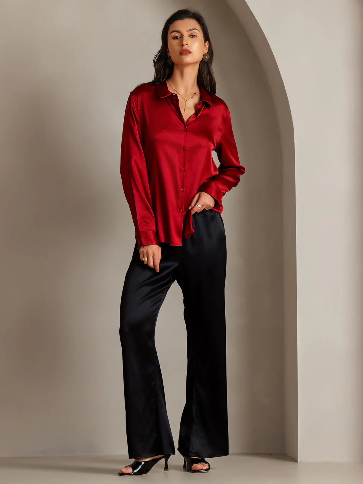 19Momme Silk Long Sleeve Lapel Collar Women's Shirt - Image 69