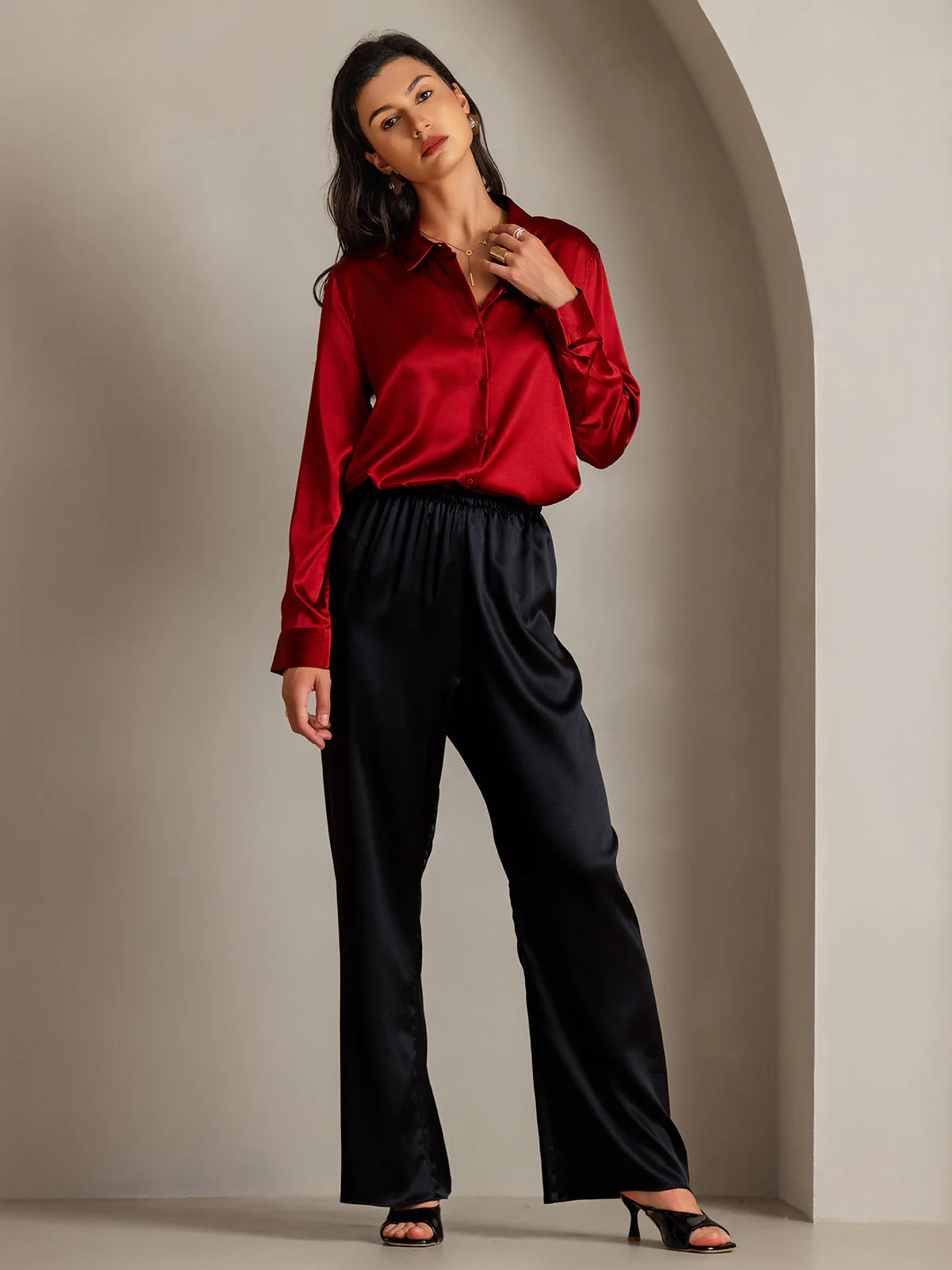 19Momme Silk Long Sleeve Lapel Collar Women's Shirt - Image 70