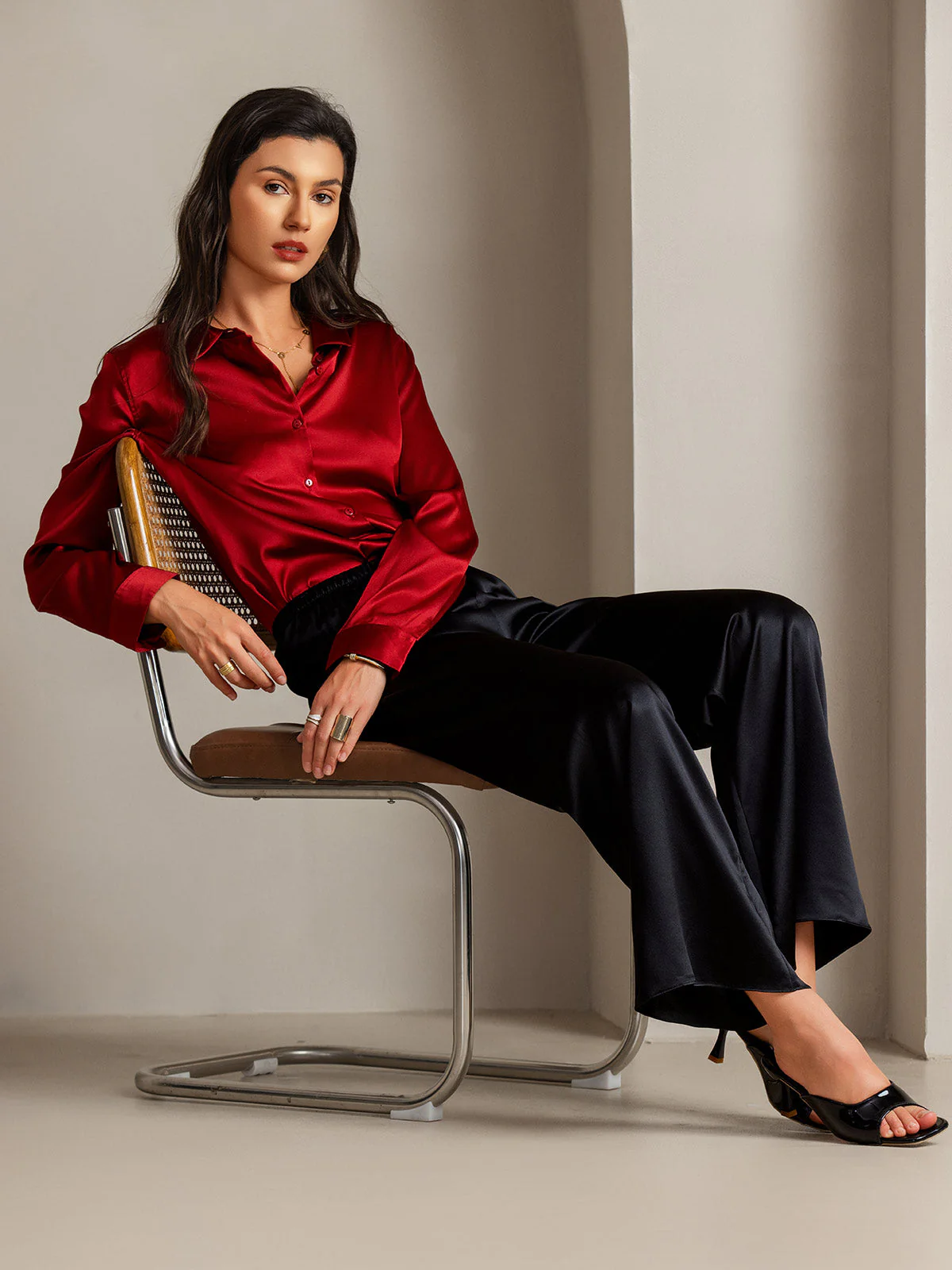 19Momme Silk Long Sleeve Lapel Collar Women's Shirt - Image 71