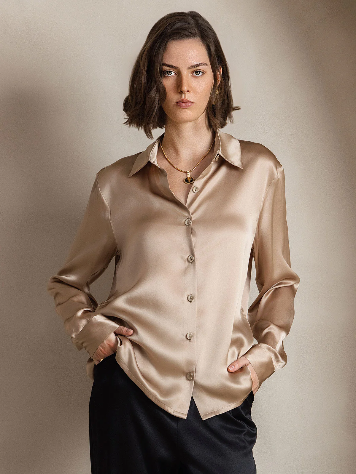 19Momme Silk Long Sleeve Lapel Collar Women's Shirt - Image 9