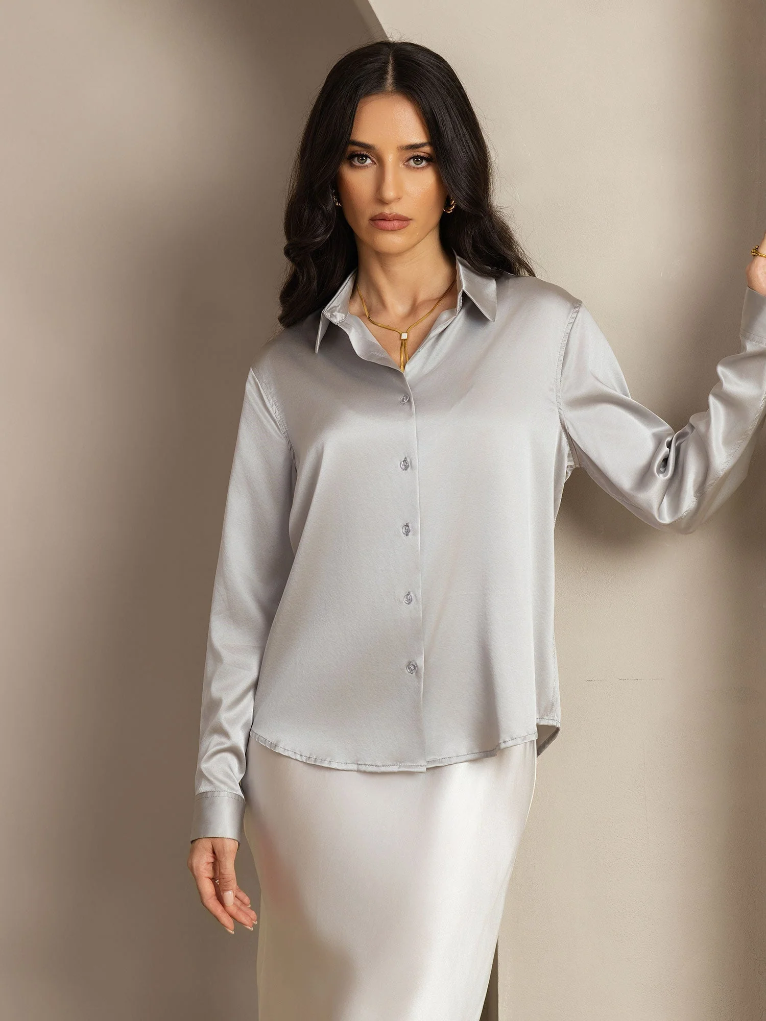 19Momme Silk Long Sleeve Lapel Collar Women's Shirt - Image 92