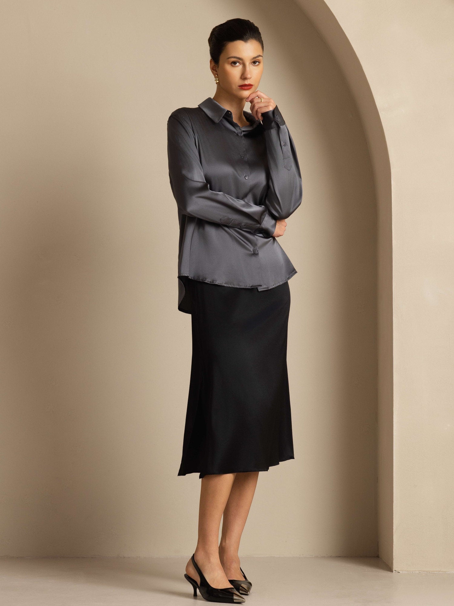 19Momme Silk Long Sleeve Lapel Collar Women's Shirt - Image 93
