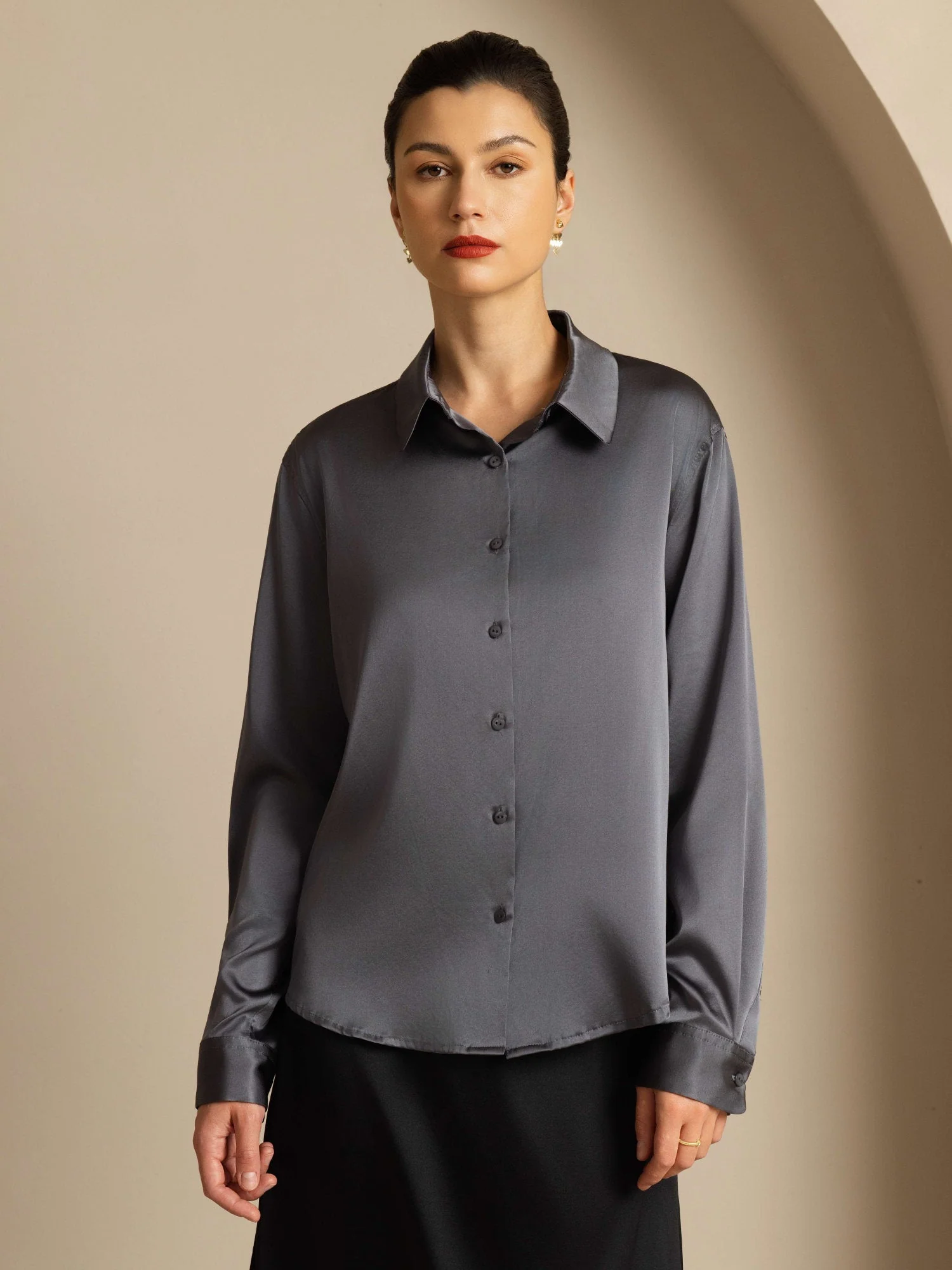 19Momme Silk Long Sleeve Lapel Collar Women's Shirt - Image 95