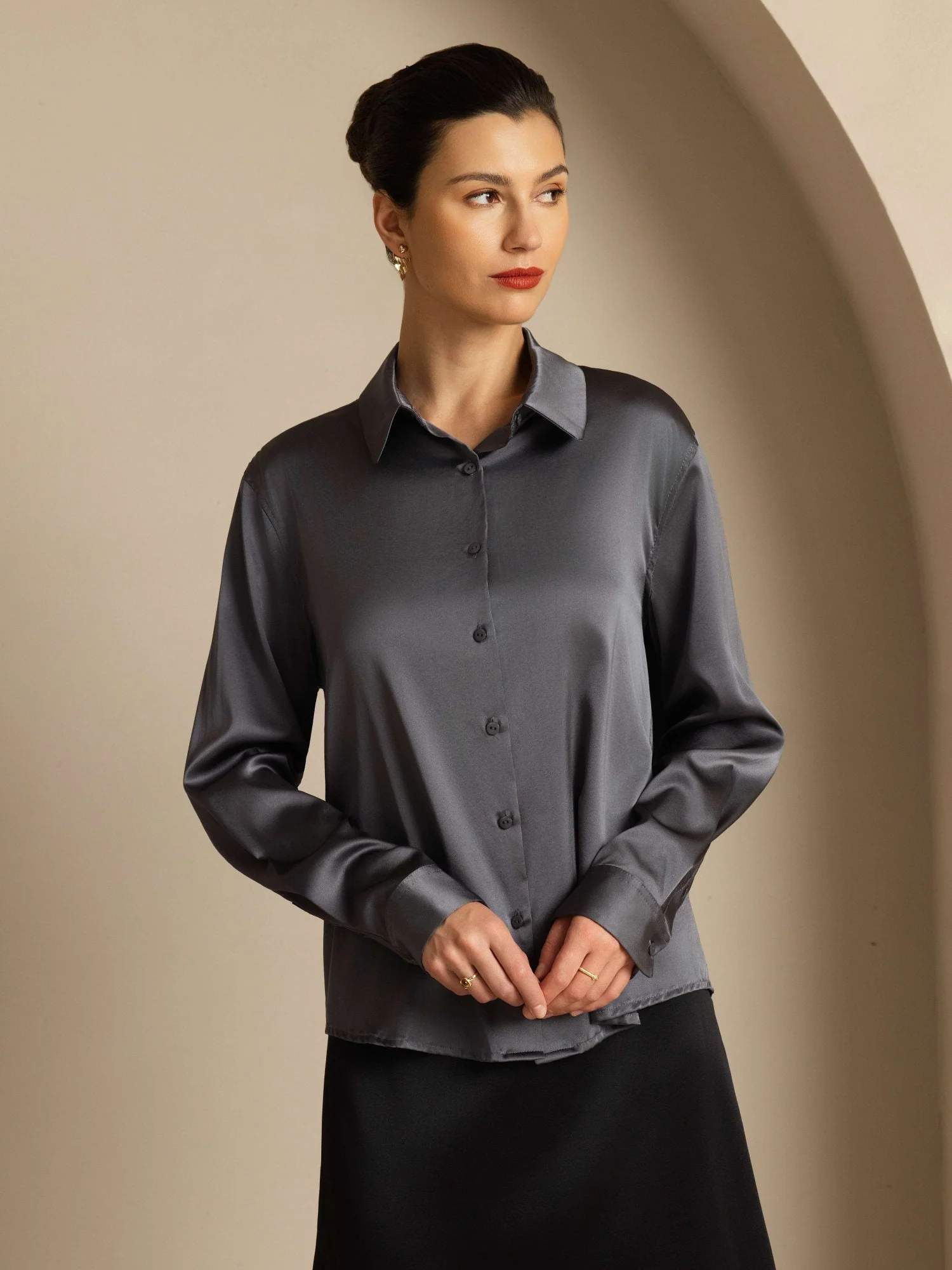 19Momme Silk Long Sleeve Lapel Collar Women's Shirt - Image 99
