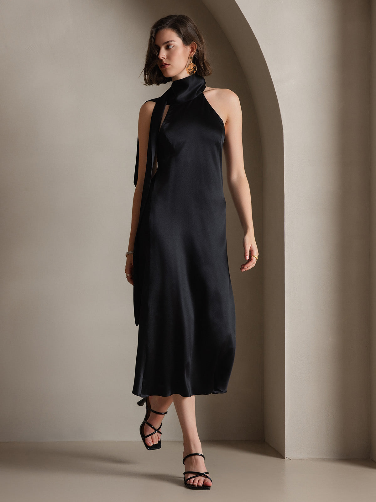 19Momme Silk Sleeveless Tie Neck Midi Dress - Image 31