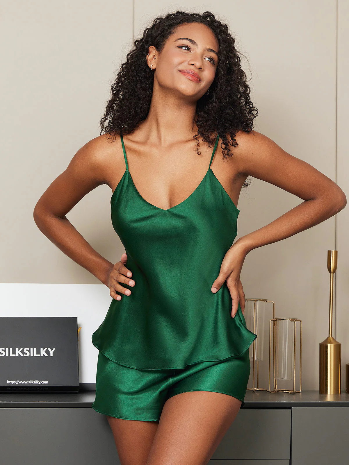 Pure Silk Spaghetti Strap V Neck Above the Knee Camisole Set - Image 30