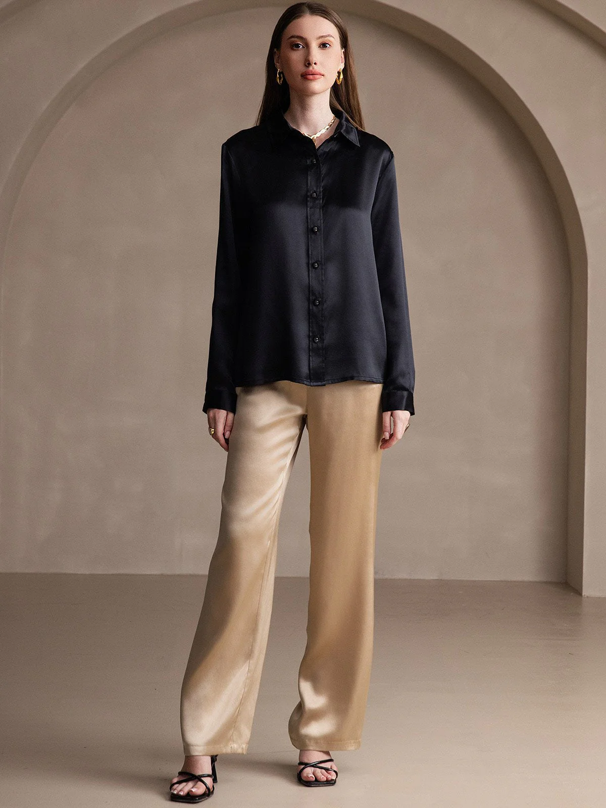 Clearance(Ships to UK Only) - 19Momme Silk Long Sleeve Lapel Collar Women's Shirt - Image 16
